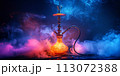 modern smoky hookah with glass flask on black background of shisha smoke 113072388
