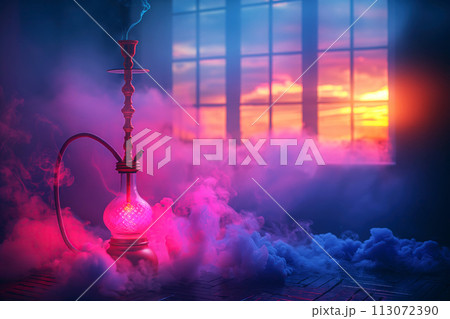 smoky hookah with glass flask on background of shisha smoke 113072390