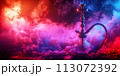 smoky hookah on a dark background of shisha smoke with colored neon blue red light 113072392