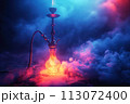 smoky hookah with shisha smoke with neon red and blue light 113072400