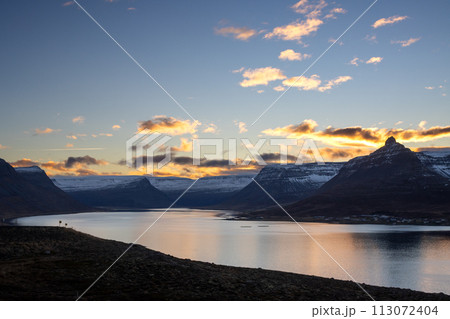 Sunset at the fjord, Westfjords, Iceland 113072404