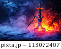 modern smoky hookah with shisha smoke with neon red and blue lighting 113072407