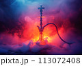 modern smoky hookah with shisha smoke with neon red and blue lighting 113072408