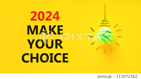 2024 Make your choice symbol. Concept words 2024 Make your choice on beautiful yellow paper. Beautiful yellow background. Green light bulb icon. Business 2024 Make your choice concept Copy space 2024 Make your choice symbol. Concept words 2024 Make your choice on beautiful yellow paper. Beautiful yellow background. Green light bulb icon. Business 2024 Make your choice concept Copy space 113072562