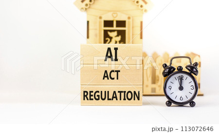 AI act regulation symbol. Concept words AI artificial intelligence act regulation on wooden block. Beautiful white background. Black alarm clock. Business AI act regulation concept Copy space 113072646