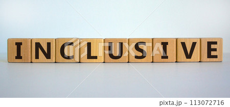 Symbol for a better inclusion. Wooden cubes with word 'inclusive'. Beautiful white background. Inclusive concept. Copy space. 113072716