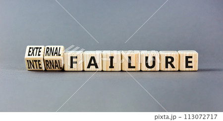 External or internal failure symbol. Concept words External failure or Internal failure on blocks. Beautiful grey table grey background. Business external internal failure concept. Copy space 113072717