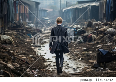 elegant man in an expensive suit walks through a dirty poor slum street 113073242
