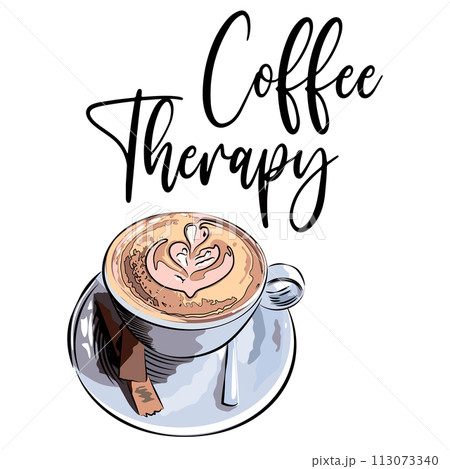 Cup of cappuccino with the inscription But first coffee 113073340