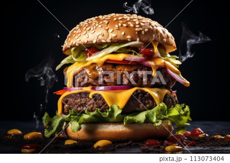 Delicious cheeseburger on a black background Delicious cheeseburger on a black background 113073404