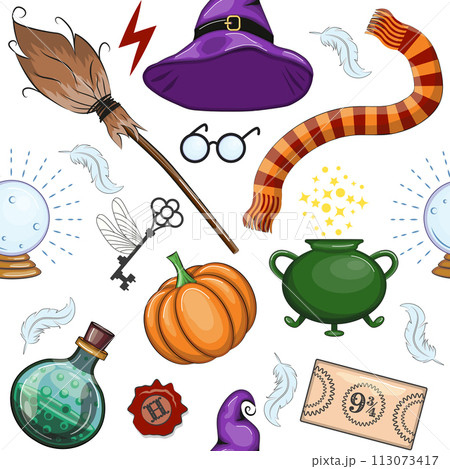 Magic items seamless pattern in flat style. School of Magic. 113073417