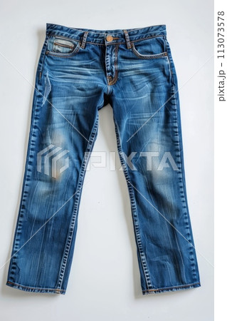 blue distressed denim jeans isolated on a white background 113073578