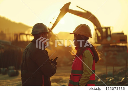 man and woman workers on a construction site, excavator behind them 113073586