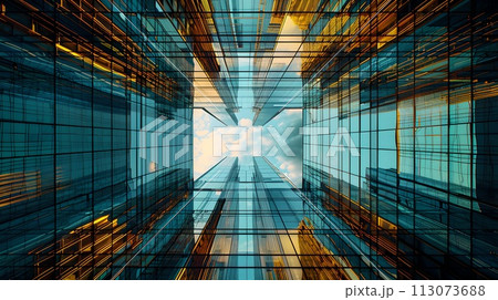 Abstract Architectural Design of a Glass Building. Symmetrical Perspective View. Modern Urban Background for Creative Projects. AI 113073688