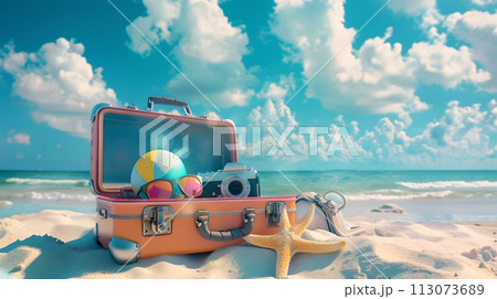 Idyllic Beach Vacation Concept with Open Suitcase and Essentials, Vibrant Summer Trip Scene with Blue Skies and Sandy Shore. Tropical Holiday Adventure Mood in a Creative Setting. AI 113073689