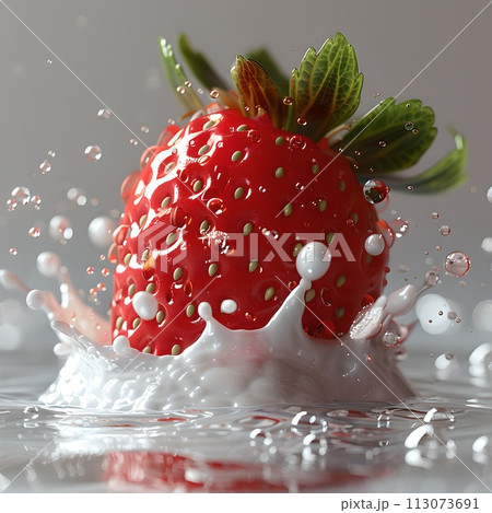 Vibrant Strawberry Splashing into Milk, Refreshing Moment Captured in High Detail. Ideal for Food Blogs and Advertisements. Fresh, Juicy and Dynamic. AI 113073691