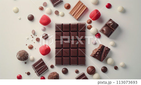 Assorted Chocolate and Candy Treats on Neutral Background. Flat Lay Confectionery Assortment. Creative Image of Sweets Collection. AI 113073693