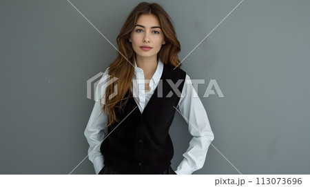 Elegant young woman posing in business attire, professional style. Confident expression, neutral background. Ideal for corporate profiles. AI 113073696