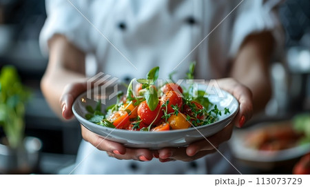 Chef presents a fresh gourmet salad in a bowl. Focus on vibrant vegetables. Perfect for culinary blogs and menus. Culinary arts showcased. AI 113073729