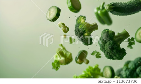 Assorted Green Vegetables in Mid-Air Against a Light Background, Capturing Motion and Freshness. Ideal for Healthy Eating Concepts. Vibrant Colors Showcase Natural Beauty of Produce. AI 113073730
