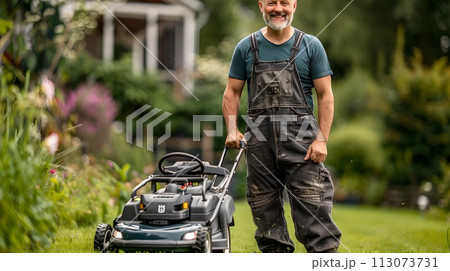 Smiling man mowing the lawn in a lush garden. Casual gardener using a lawn mower. Outdoor summer activity and garden maintenance. Backyard lawn care routine. AI 113073731