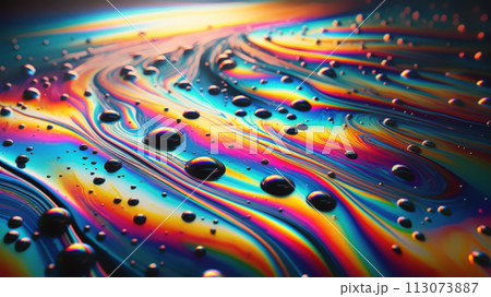 AI-generated content. Multicolor oil and water interaction creating a psychedelic rainbow effect. Abstract artwork inspired by petrol spots. Luxury iridescent wallpaper. Contemporary trendy design 113073887