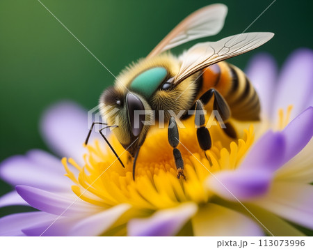 A bee pollinates a violet flower on a sunny spring or summer day 113073996