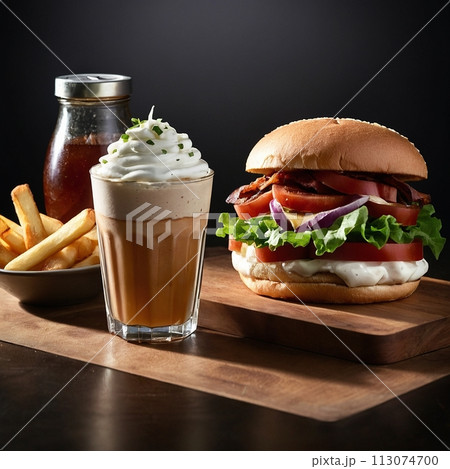 美味しそうなハンバーガーとコーヒー 113074700