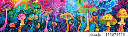 Colorful mushroom designs on a psychedelic and colorful background Colorful mushroom designs on a psychedelic and colorful background 113074726