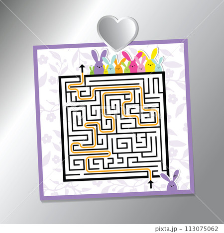Easter card labyrinth with bunny family, silver heart shape magnet on silver pin board background surface 113075062