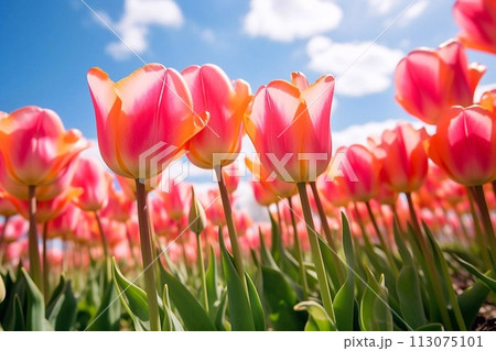 Colorful tulip flowers blooming in the field. Colorful tulip flowers blooming in the field. 113075101