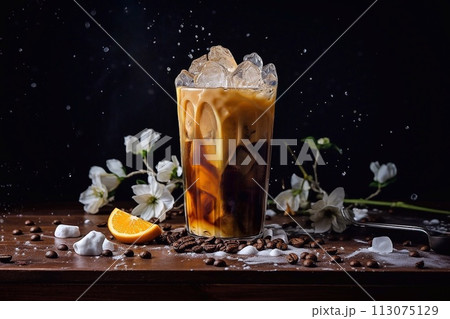 Iced coffee with ice cubes and orange slices on a wooden table Iced coffee with ice cubes and orange slices on a wooden table 113075129
