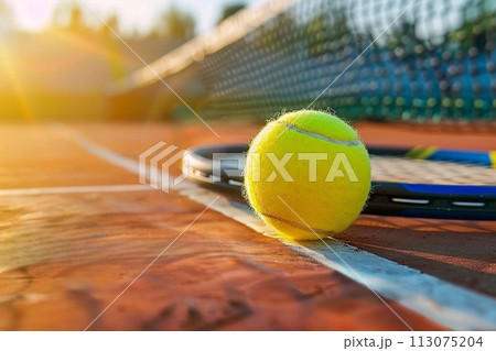 Tennis ball and racket on tennis court. Tennis ball and racket on tennis court. 113075204