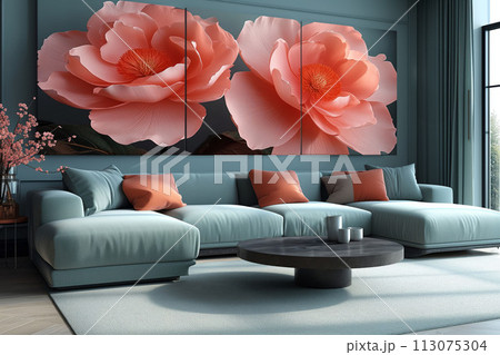 Contemporary Living Room with Oversized Poppy Art Installation 113075304