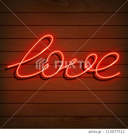 Neon word love. A bright red sign on a wooden wall. Element of design for a happy Valentine s day. Vector illustration. 113077512