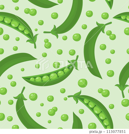 Vector Seamless Pattern with Flat Green Pea Pod. Cartoon Green Peas Design Template for Textile, Wallpaper, Culinary Packaging Vector Seamless Pattern with Flat Green Pea Pod. Cartoon Green Peas Design Template for Textile, Wallpaper, Culinary Packaging 113077851