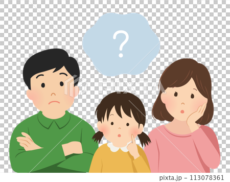 疑問を感じる3人家族のベクターイラスト 113078361