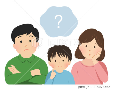 疑問を感じる3人家族のベクターイラスト 113078362