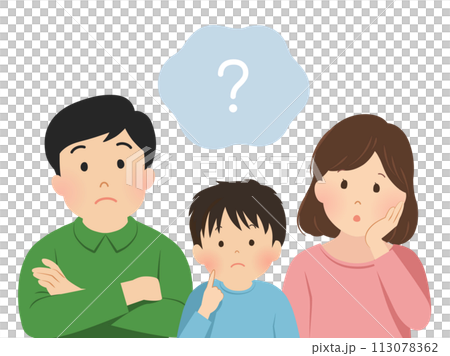 疑問を感じる3人家族のベクターイラスト 113078362