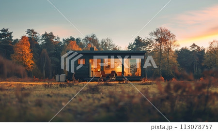 Minimalist cabin in a tranquil field, showcasing modern architecture and sustainable living concepts 113078757