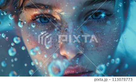 Close-up of a vivid blue eye encapsulated by a dynamic water splash, reflecting clarity and purity 113078773