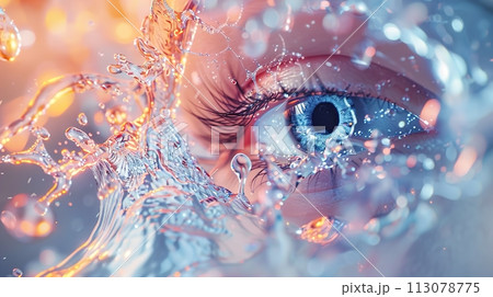 Close-up of a vivid blue eye encapsulated by a dynamic water splash, reflecting clarity and purity 113078775