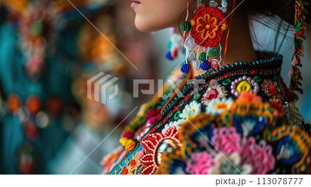 Exquisite handmade necklaces and earrings celebrate traditional style and cultural fashion identity 113078777
