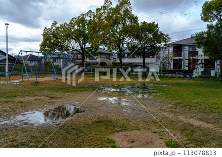 2024年春3月　奈良市の住宅街にて　湿地帯のようになった公園と水たまりに映った空③ 113078813