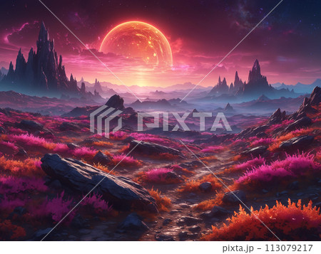 A beautiful alien landscape with a large planet...のイラスト素材 [113079217 ...