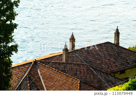 Mountain landscape, picturesque mountain lake in the summer morning, large panorama. Como, Italy Mountain landscape, picturesque mountain lake in the summer morning, large panorama. Como, Italy 113079449