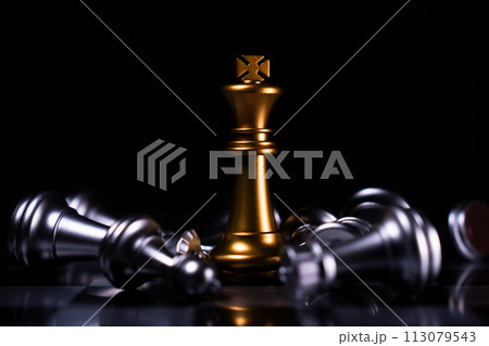 Golden King chess is last standing in the chess board, Concept of successful business leadership Golden King chess is last standing in the chess board, Concept of successful business leadership 113079543