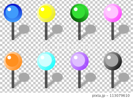 文具で紙や物を止めるのに刺して使用する押しピンのイラスト 文具で紙や物を止めるのに刺して使用する押しピンのイラスト 113079610