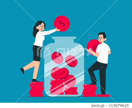 Person inserting cash into glass jar. Investment banking concept 113079620