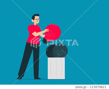 Person throw away light bulb idea into full of junk idea in basket bin. Discarded idea Person throw away light bulb idea into full of junk idea in basket bin. Discarded idea 113079621